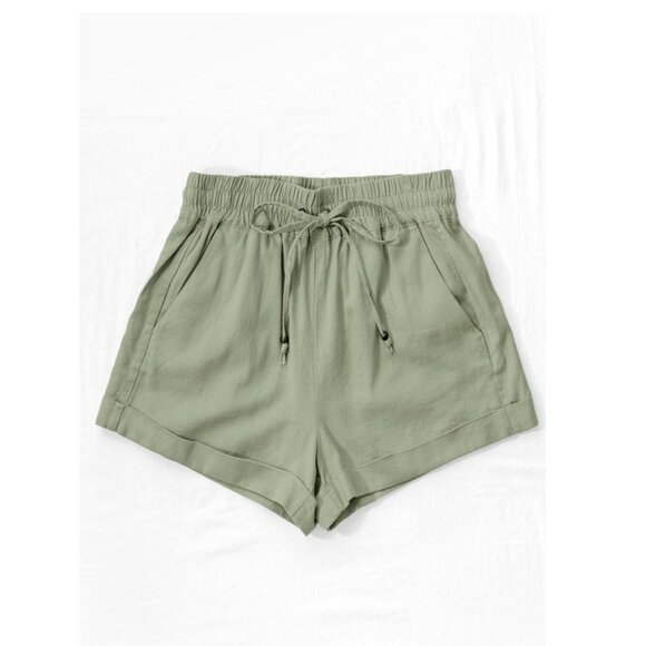 Light Olive Linen Waistband Shorts with String Tie - Picture 1 of 2